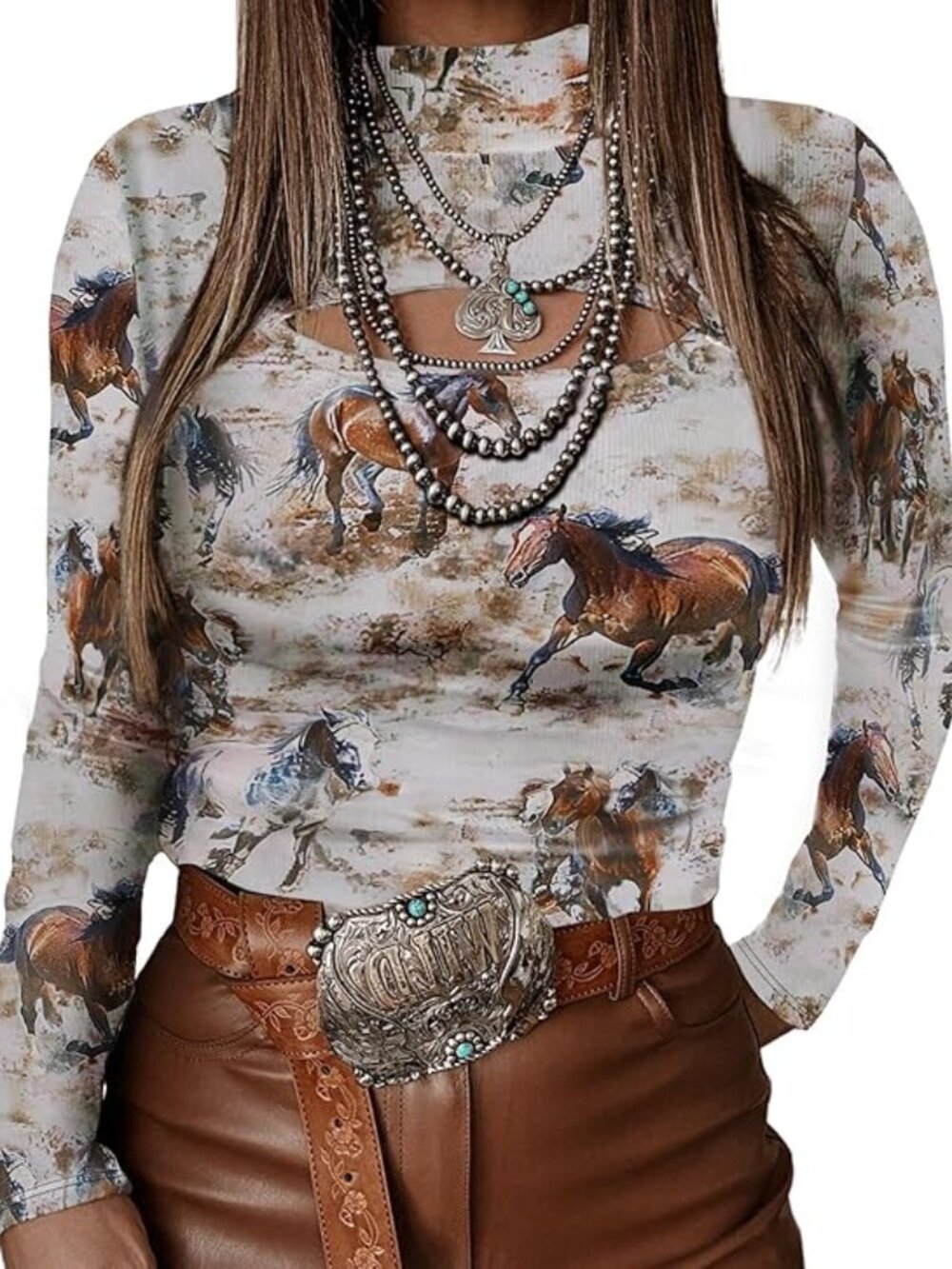 Womens Long Sleeve Shirts Western T-Shirt Slim Fit Hollow Out High Neck Y2k Tops
